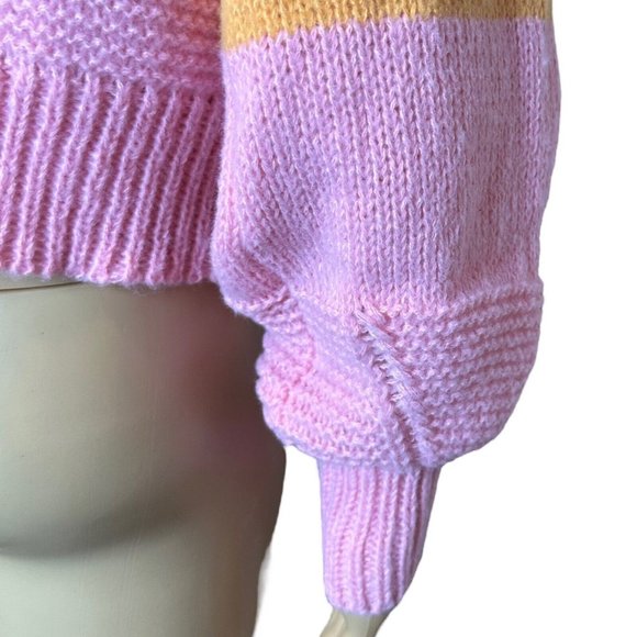 Women Open Knit Sweater Cardigan Medium Pink Orange Colorblock Fruit Embroidery - Picture 13 of 15